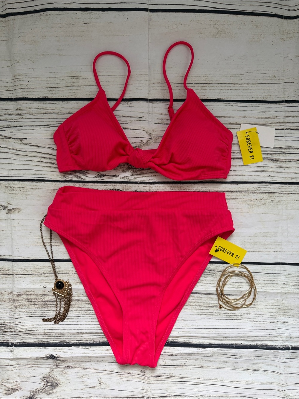 ♡ Forever 21 Neon Pink Ribbed Knot-Front Bikini Set M
